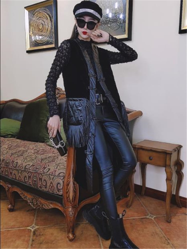 女の子ファッション 春 新しい タッセル 縫付レトロ バックル キルティング ベスト 中長セクション 5,509円