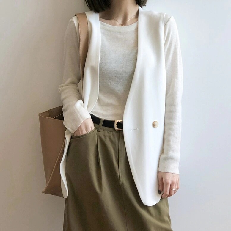 トップス レディース ジレ ベスト ジャケット ロングジレ ロング丈ベスト ノーカラー 袖なし ノースリーブ 襟無し チュニック丈 ダブルボタン ホワイト ブルー ブラック 大人可愛い きれいめ 上品