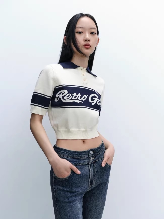 夏 レディース カジュアル スタイル コントラストカラー スプライシング ジャカード ニット T シャツ 学生風 個性的 トップス シャツ 袖あり 半袖 襟付き かわいい 大人可愛い シンプル