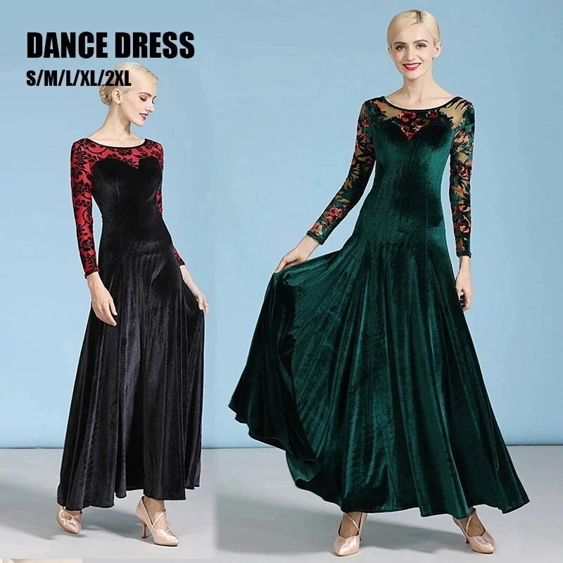 即纳2XL XL L M S 祭り 発表会 パーティ イベント 忘会 ステージ 舞踏会 長袖 花柄 グリーン ブラック 大きい裾 豪華 おしゃれ ベルベット ワルツ ダンスドレス ダンス服 社交ダンス