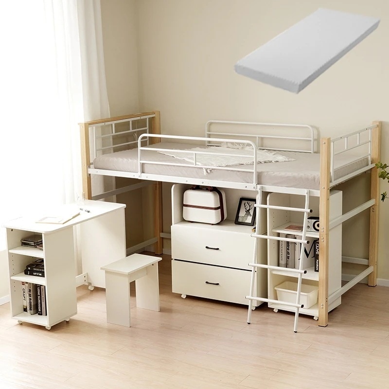 【国内発送&送·料·無·料】【高さ130cm】【マット付き】システムベッド ロフトベッド+デスク＋収納ラック＋シェルフ 4点セット コンセント 宮 ロフトベッド 耐震 スチール 省スペース ベッド 社