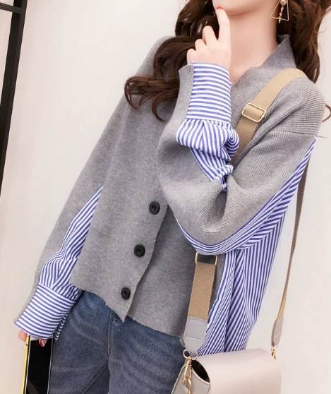 個性的 トップス カーディガン 袖あり 長袖 萌袖 Vネック ワイド ニット 異素材MIX かわいい 大人可愛い カジュアル おしゃれ お洒落 かっこいい ラフ メンズライク ボーイッシュ キュート