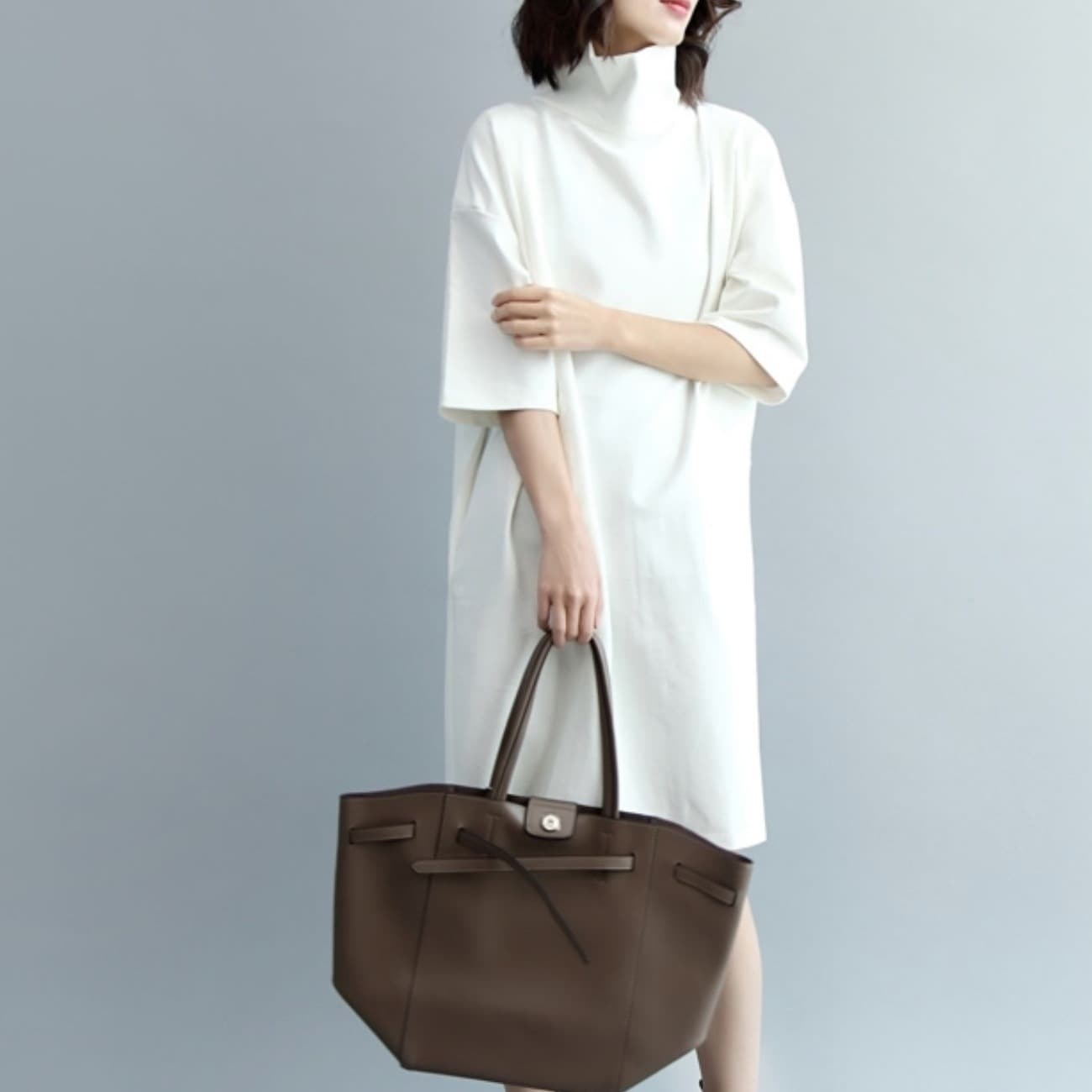 ゆったり ワンピース トップス ミドル丈 半袖 ハイネック コットン ストレート かわいい 可愛い きれいめ シンプル カジュアル 上品 おしゃれ お洒落 かっこいい 可愛い 女子