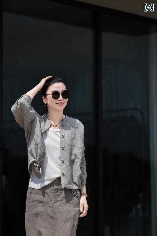 レディース　　シャツ　トップス Anzhiyi 雨 露 リネン スタンドカラー シャツ レディース 夏 高級 カジュアル 通勤 アート