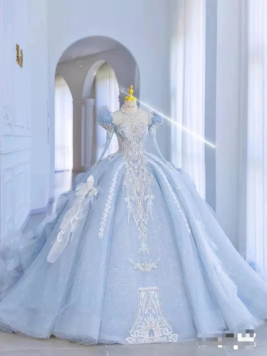 ワンショルダー プリンセス ウェディングドレス 2023年 花嫁 シニア 後ろ姿 青 重工業 ドレス