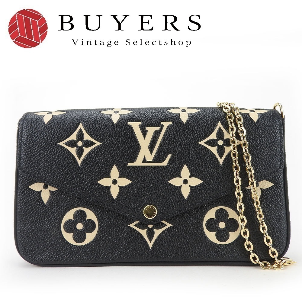 中古 ショルダーバッグ ポシェット フェリシー M82479 モノグラムアンプラント ブラック ブラック ベージュ ゴールド金具 ウォレットポーチ付き チェーンウォレット イニシャル入り レディース