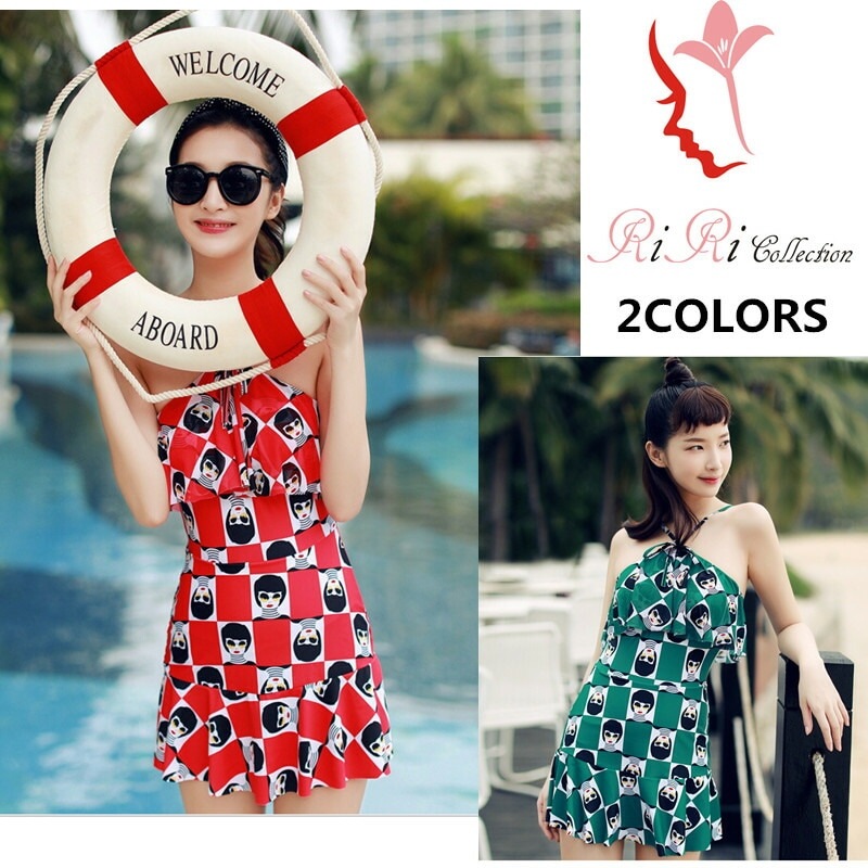 新作 -f045 ワンピース 水着 2カラー グリーン レッド オフショルダー ビスチェ バンドゥ フリル ワンピース タンキニ 大きいサイズS-XL 17150