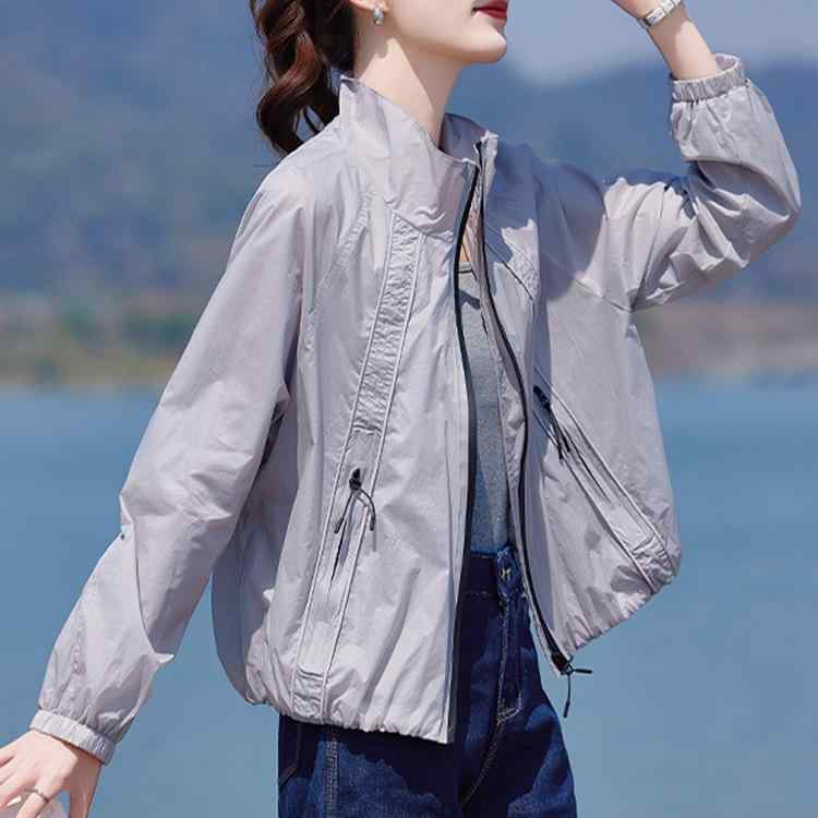 【激安販売】UVカットジャケット レディース 夏 薄手 長袖 ゆったり スタンドカラー ジップアップ ポケット 高級感 カジュアル 無地 ラグラン袖 ミドル丈 日韓スタイル エレガント グレー ブルー