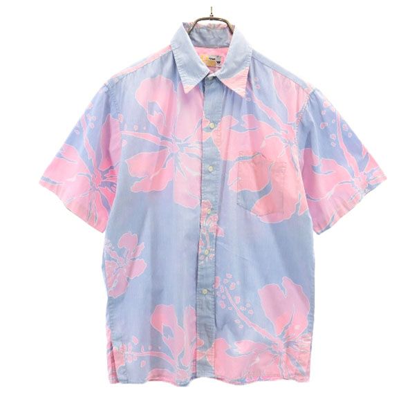 70s 金タグ リバースプリント ハイビスカス柄 半袖 アロハシャツ M 水色×ピンク メンズ 6,706円