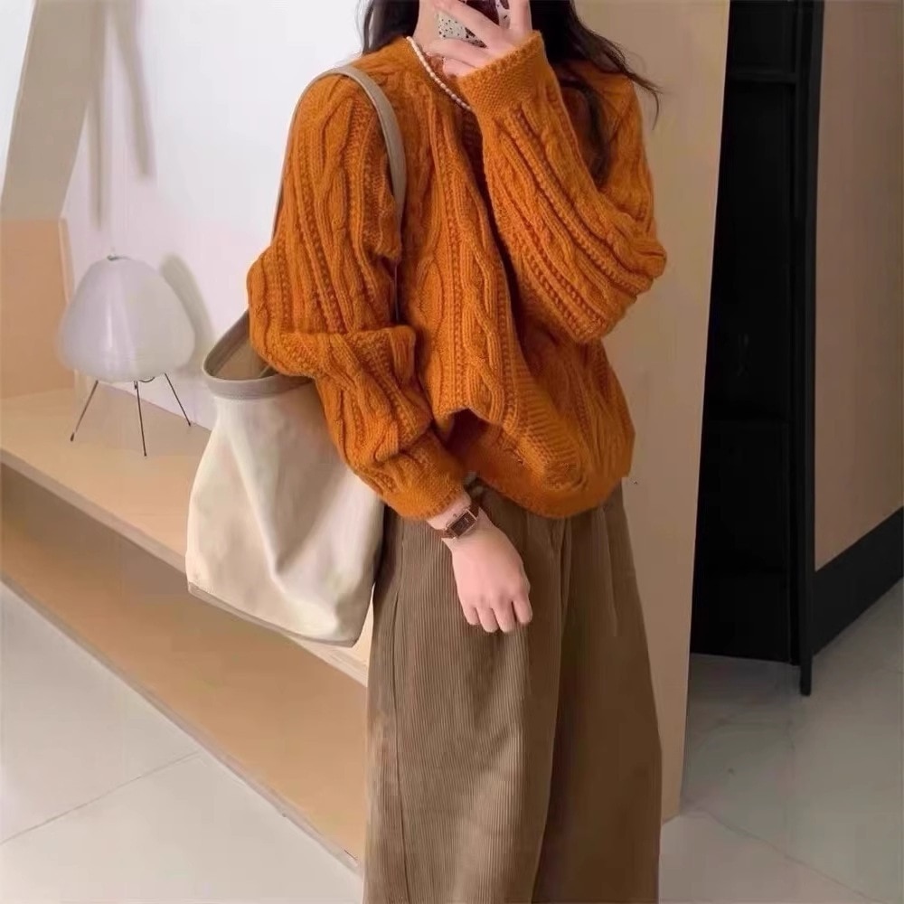 100%ピュアウールセーター（レディース）厚手2025年秋冬新作ラウンドネックゆったりケーブルニットプルオーバーベースレイヤー