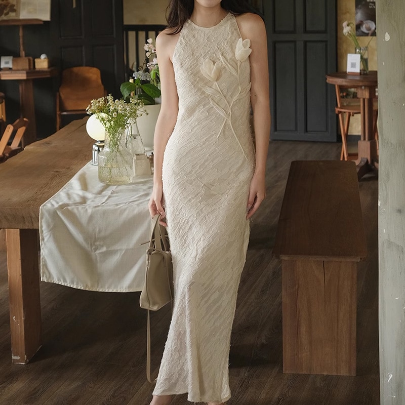 テンセル重工業ポジショニングアップリケタンクトップレディース2024年夏デザインドレスドレス