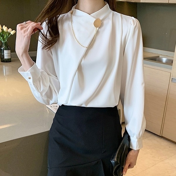 トップス シャツ ブラウス レギュラー丈 袖あり 長袖 パフスリーブ ルーズ ストレート プルオーバー サテン 大人可愛い きれいめ シンプル 大人 上品 お洒落 かっこいい レトロ 大人女子