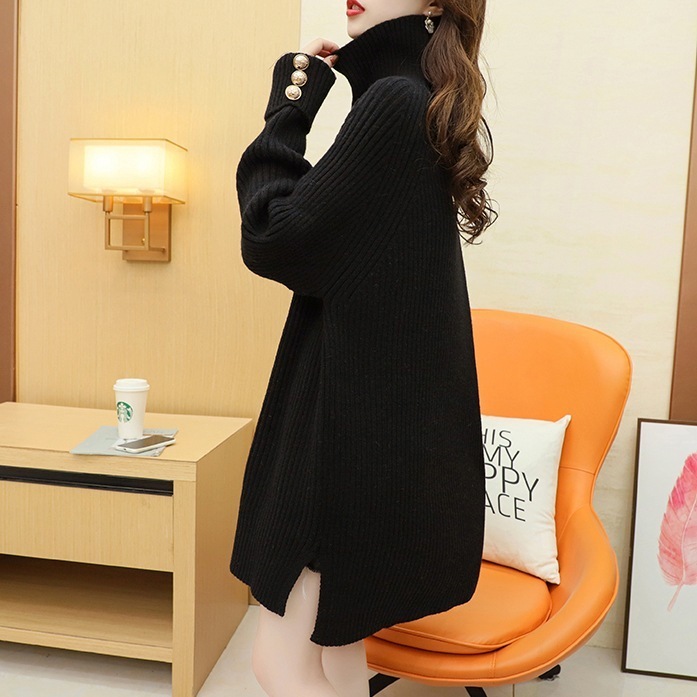 トップス セーター ミモレ丈 ロング ロング丈 ミディアム丈 長袖 パフスリーブ タートルネック Aライン 金ボタン ニット かわいい 大人可愛い シンプル 大人 上品 おしゃれ かっこいい 大人女子