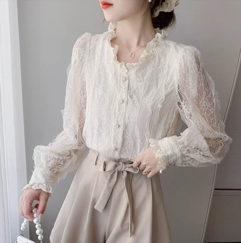 トップス シャツ 白シャツ 白トップス ミドル丈 長袖 ボリューム袖 袖透け感 スタンドカラー ストレート レース 刺繍 シフォン ボタン かわいい 大人可愛い きれいめ 上品 おしゃれ お洒落 メン 4,985円