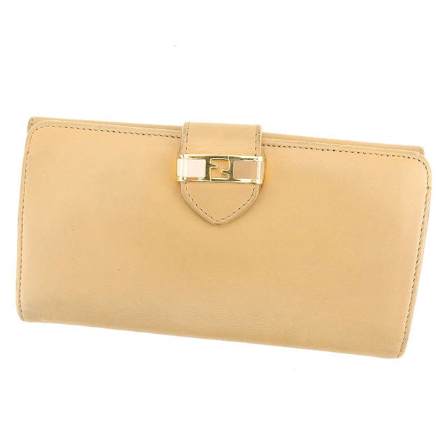 長財布 Wホック財布 FFプレート ベージュ ピンク ゴールド 中古