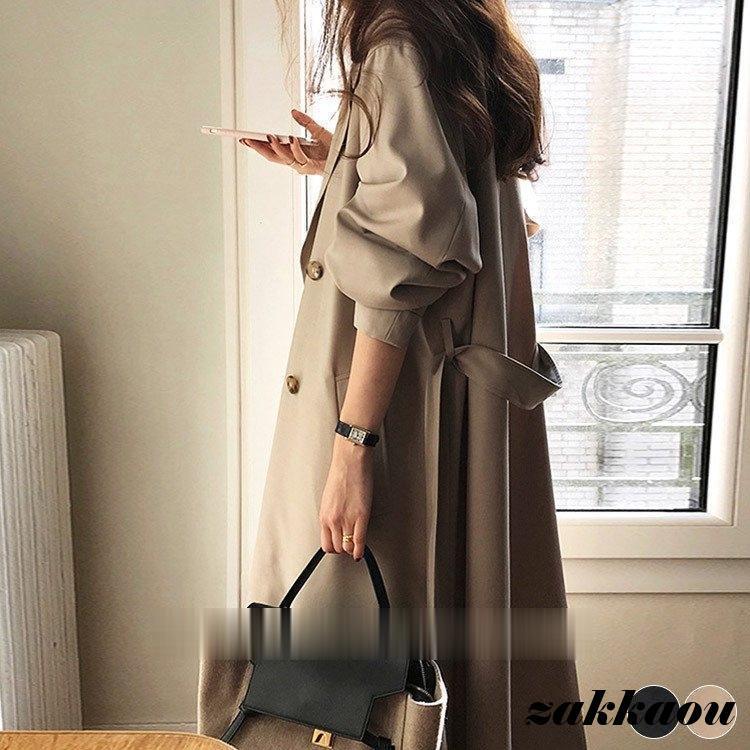 トレンチコート レディース 秋コート 春コート ロングクート ロング丈 ダブル 秋 春 黒 ブラック ベージュ ゆったり オーバーサイズ 韓国