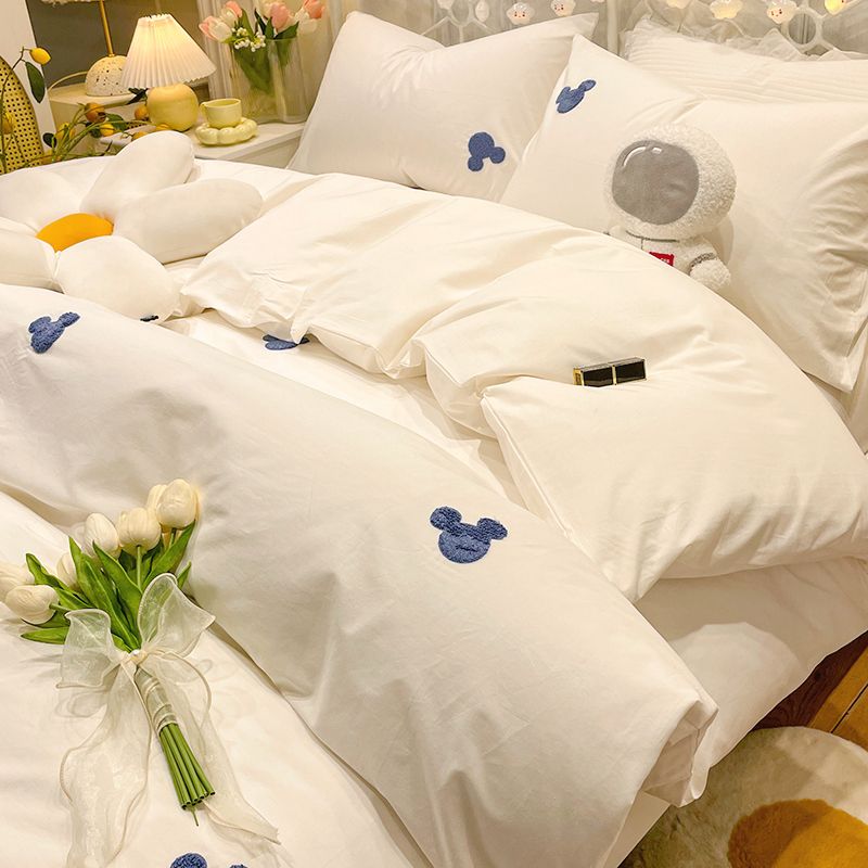ミッキー純綿ベッド4点セット水洗い純綿子供用ホワイトベッドカバー高級感シーツシーツ3点セット