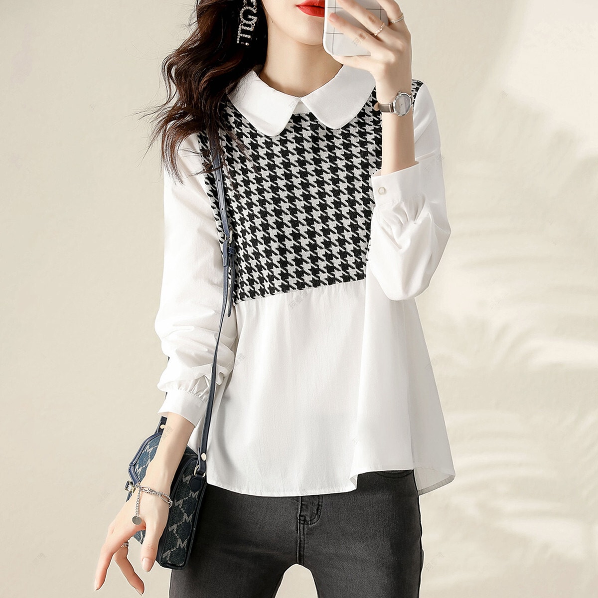 千鳥模様シャツ トップス シャツ ブラウス シンプル ホワイト 白 レギュラー丈 袖あり 長袖
