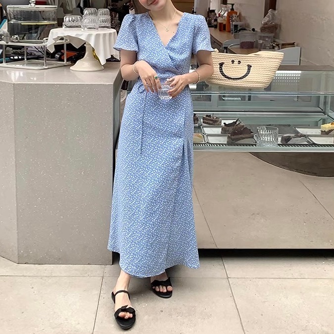 レディース ワンピース フレア ロング マキシ 半袖 カシュクール フェミニン ウエストマーク ウエストリボン ハイウエスト かわいい 大人可愛い きれいめ シンプル カジュアル おしゃれ レトロ