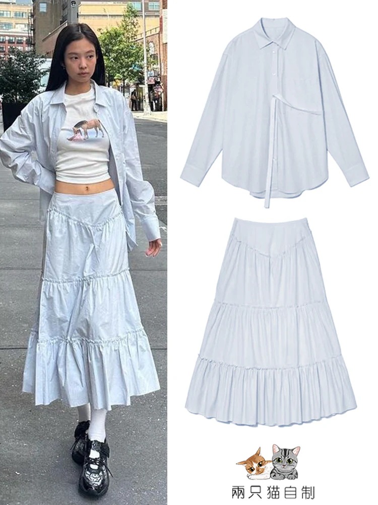 Jin Zhini と白のプリント T シャツ シャツ スカート ロング カジュアル スーツ秋