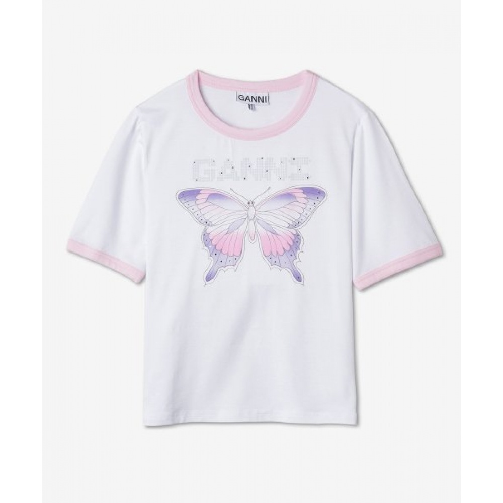 GANNI 女性用バタフライプリントショートスリーブ T シャツ-ホワイト/T3353151