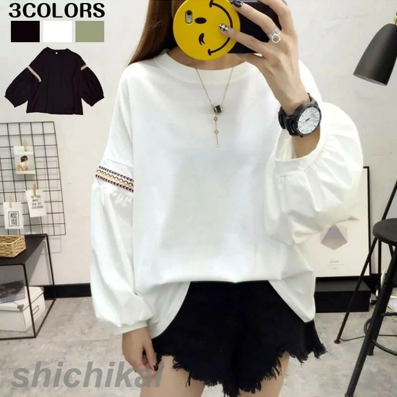 韓国秋服ランタンスリーブルーズロングスリーブ新セーター女性のシャツ大サイズの女性のデザイン Tシャツ レディース フーディー トップス おしゃれ 長袖 綿スウェット トレーナー ホワイトデー