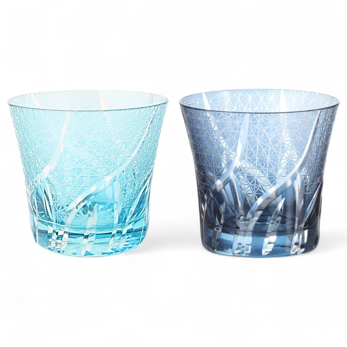 J-kitchens 水影 切子 ペア グラス カップ Φ94xH85mm 240cc 乱彫小紋 アクア & インクブルー 底彫あり 美匠 Current Model