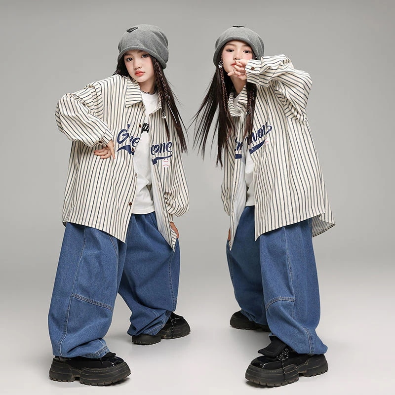 ストリートダンス子供ファッションhiphopコスチュームヒップホップ女の子子供服ファッションストライプシャツセット女の子ショー衣装