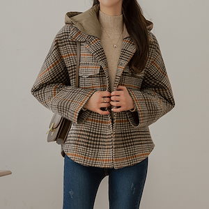 フード付きチェック柄ウールジャケット 韓国ファッション ゆったり/ショート丈 C122212