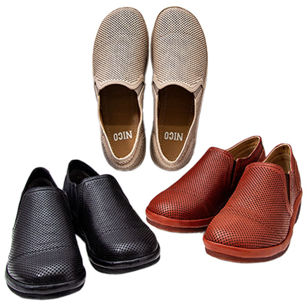 NICO ニコ NS 3404 レディース コンフォート シューズ 本革 スリッポン パンチング柄 ウエッジソール ローヒール ゆったり 低反発ウレタン 履きやすい 疲れにくい 楽 レザー