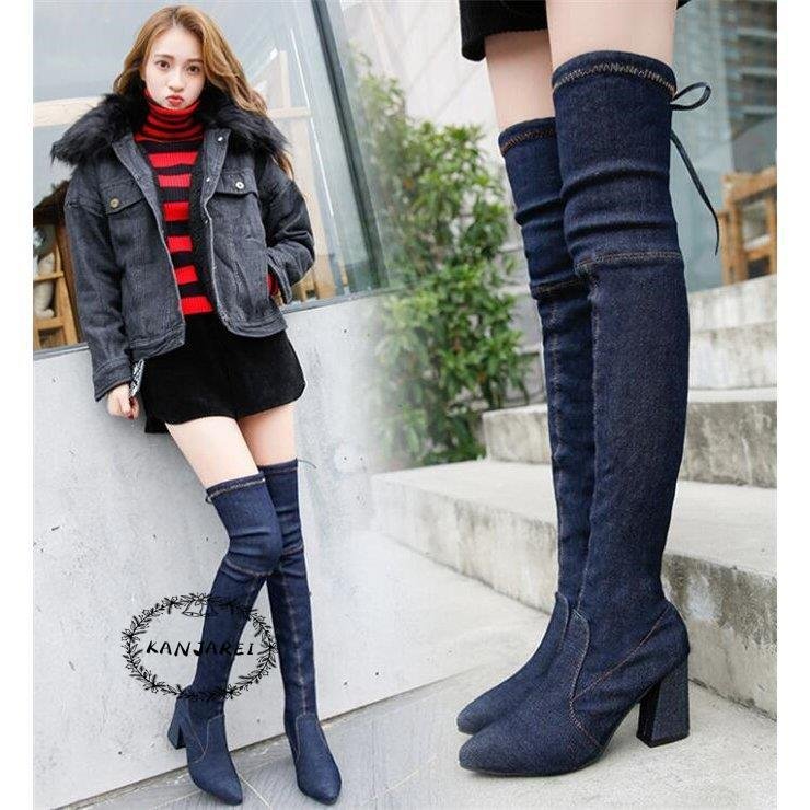 ブーツ レディース デニム ロングブーツ デニムブーツ スーパーロング ハイヒール 美脚 シ