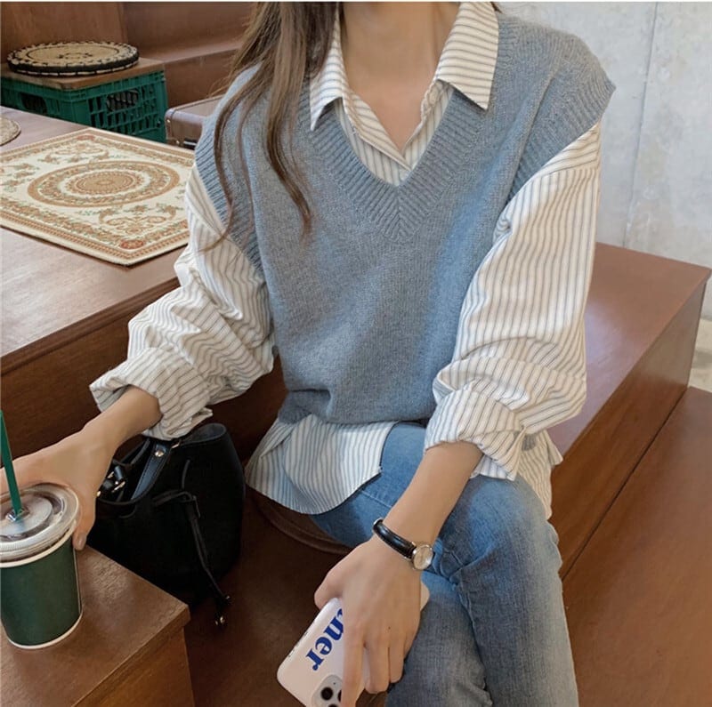 【セット】 2way トップス シャツ ニット ベスト 袖なし 長袖 Vネック 襟付き 前開き ボタン かわいい 大人可愛い きれいめ カジュアル おしゃれ かっこいい ラフ メンズライク マニッシュ