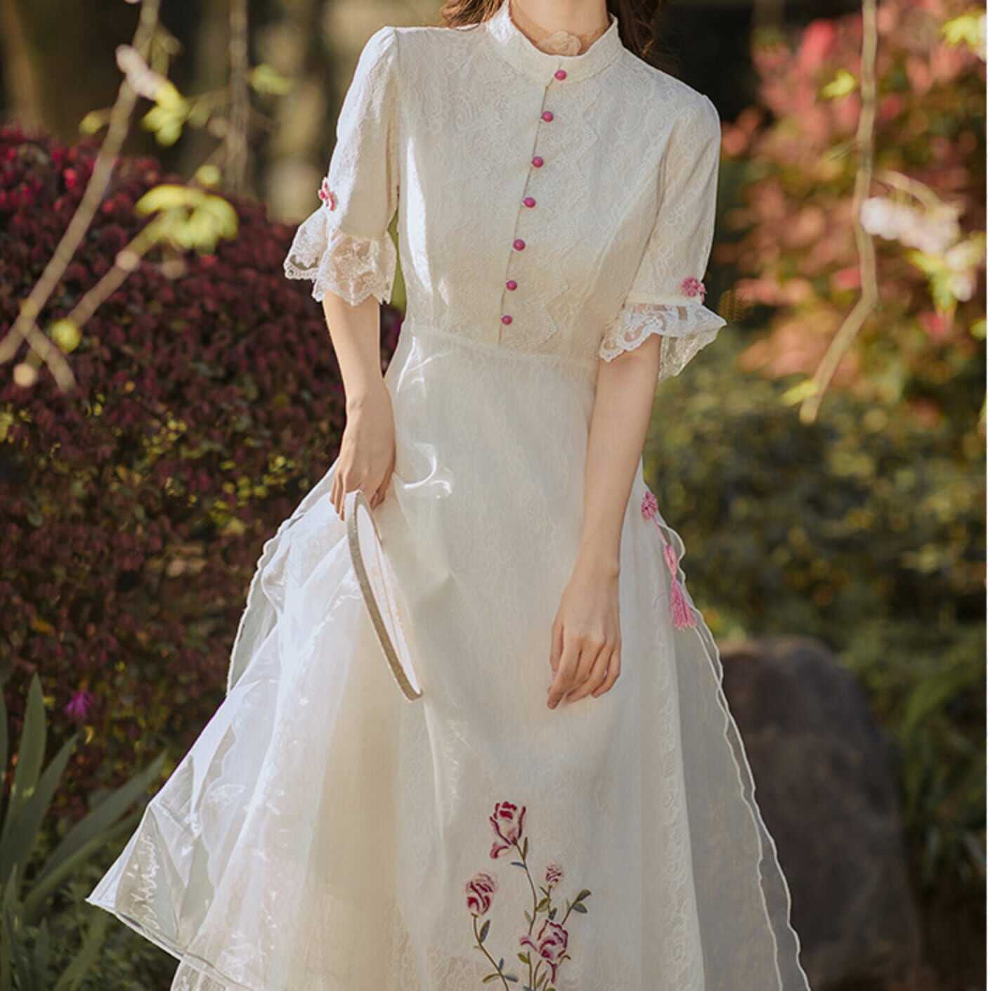 ワンピース 上着 人気 おすすめ おしゃれ お洒落 激安 安い プチプラ 半袖 ラウンドネック 丸首 スタンドカラー ロングスカート 無地 フリル レース 可愛い かわいい 韓国 lone0