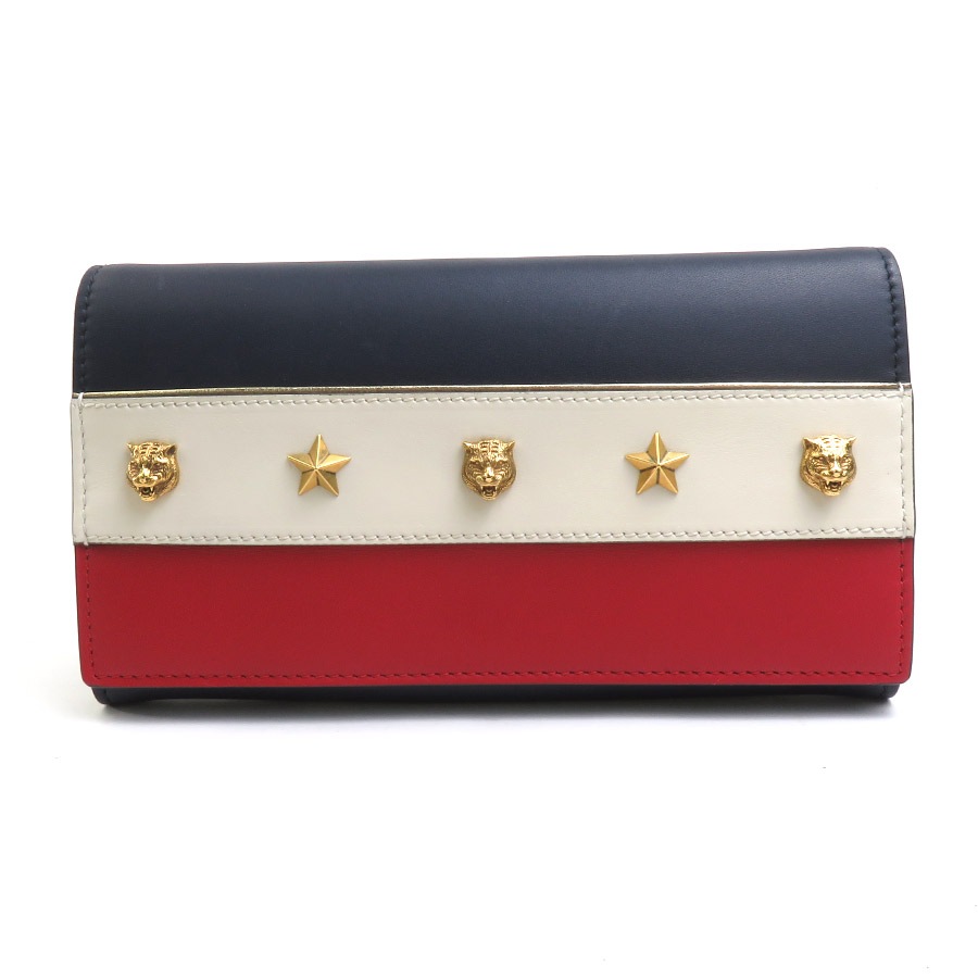 グッチ GUCCI 二つ折り長財布 レザー ネイビー/オフホワイト/レッド ゴールド ユニセックス 421844 e58596f