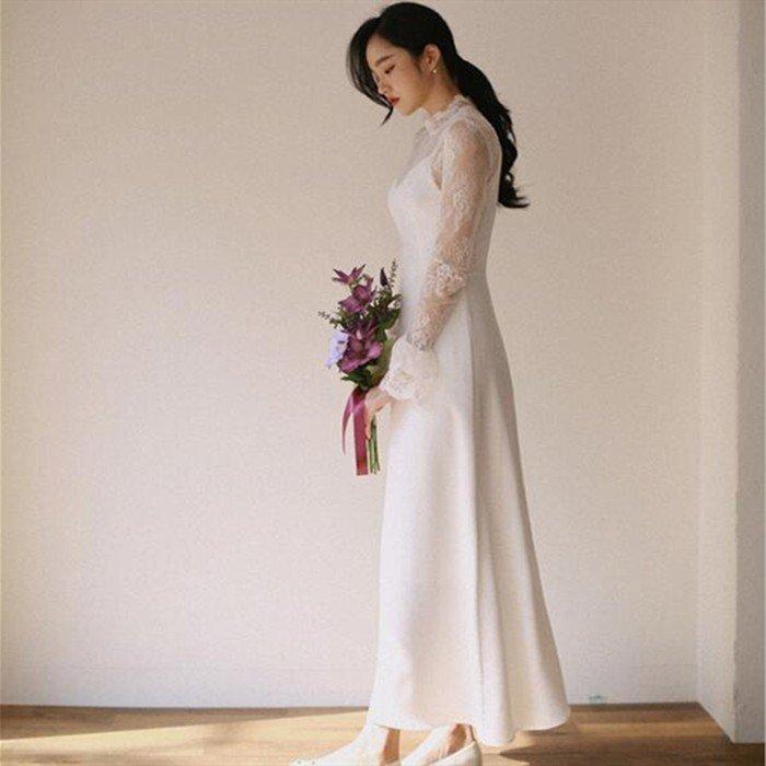 韓国ファッション白 ウェディグドレス ワンピース ドレス 発表会 結婚式 二次会 安い 小さいサイズ 前撮り ミモレ丈 演奏会 花嫁 長袖 大きいサイズ パーティドレス