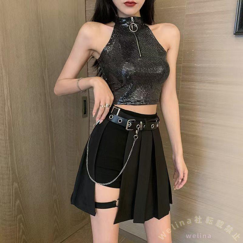 大人ダンスセットアップ キラキラへそ出しオフショルダー Welina（株） レディースK-POPジャズ アイドルキュロットブラック 派手ステージ衣装