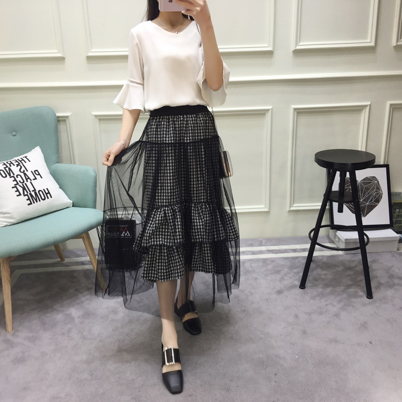 3008.チェック＆レース ロングフリルスカート（ブラック）