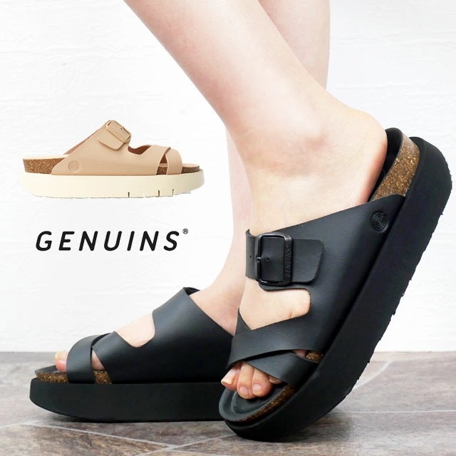 ジェニュインズ 厚底 サンダル レディース スペイン製 コンフォートサンダル クロスベルト コリーナ ビーガン ブラック G104818JT サーモン G104819JT 3cm ボリュームソール