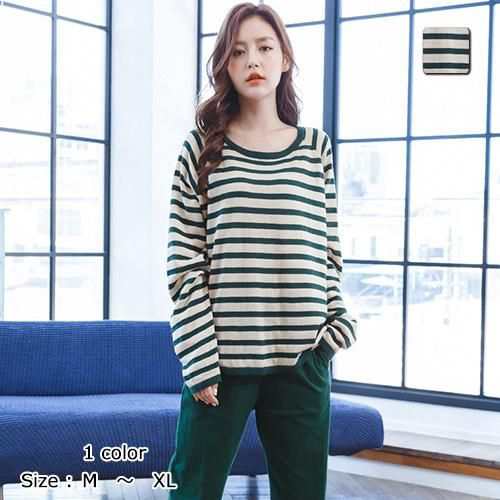 【グラシア】 ルームウェア モコモコ パジャマ 部屋着 ギャザー シルエット ロング ゆったり ボーダー グリーン M L XL