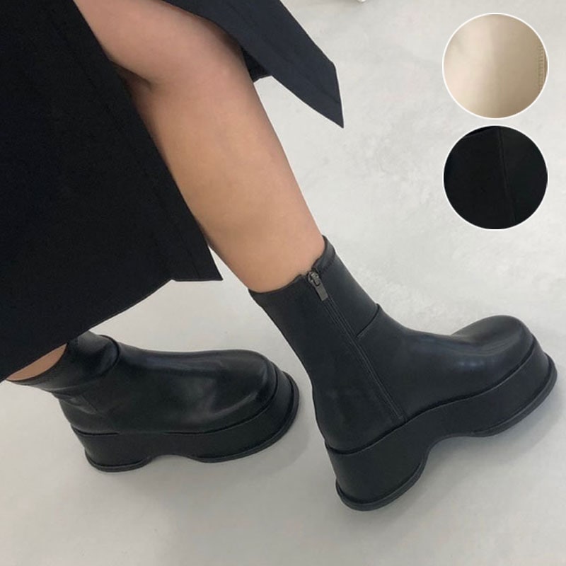 2color ファスナー付きで履き脱ぎ楽ちん シンプル, カジュアルな雰囲気の 無地 ラウンドトゥ デイリー ストレッチ 厚底．プラットフォーム ブーツ．ショートブーツ