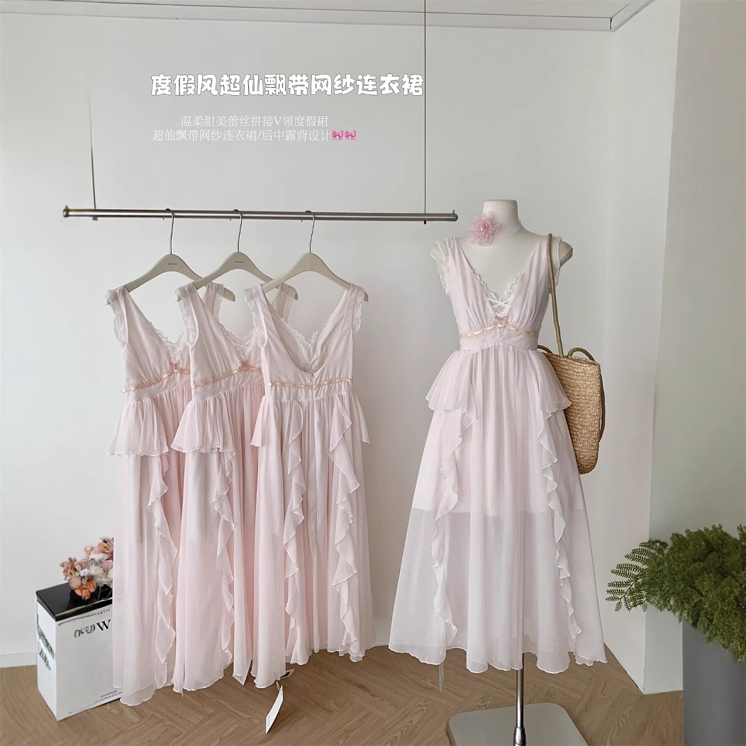 2025夏新作フロックドットキャミソールロングスカートレースVネック仙気キャミソールワンピース