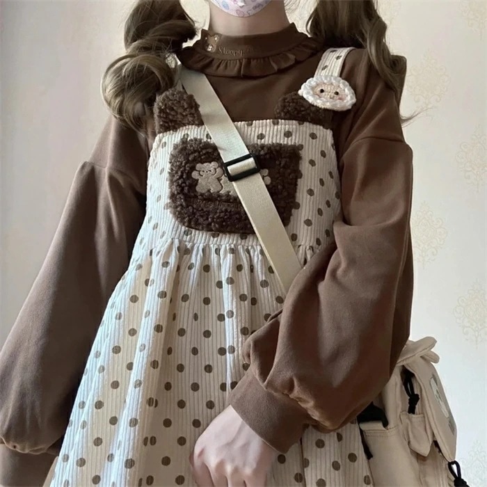 【即納】ワンピース つりワンピース ニットワンピース レディース ノースリーブ コーデュロイ 秋冬 膝上丈 可愛い ロリータ くまリボン もこもこ S M L ブラウン 森ガール 着まわし ロリィタ