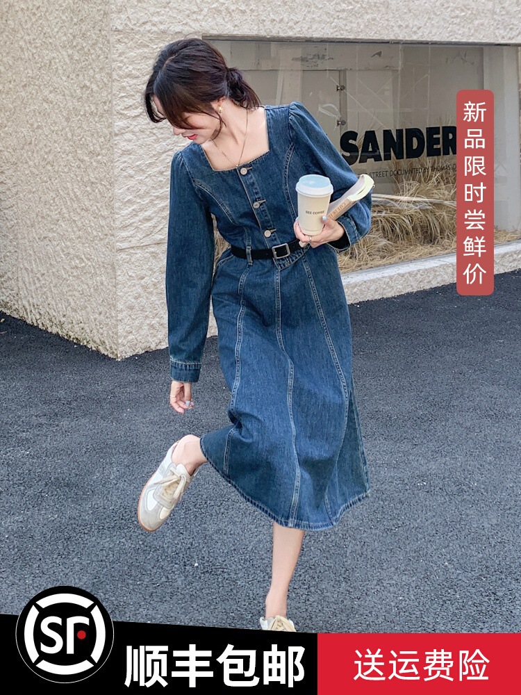 レトロスクエアネックデニムドレス女性用2024年春秋気質ウエスト痩身aラインスカート 4,999円