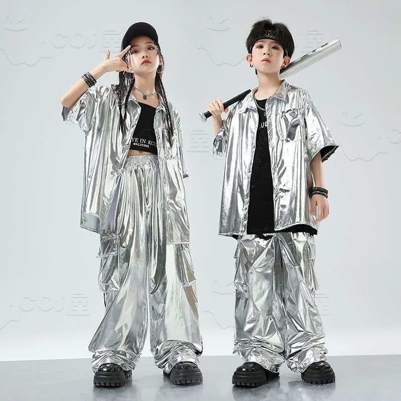 シルバー 半袖シャツ カーゴパンツ キッズ ダンス衣装 セットアップ 女の子 男の子 ジャケット ブラックＴシャツ かっこいい かわいい おしゃれ 演出服 発表会