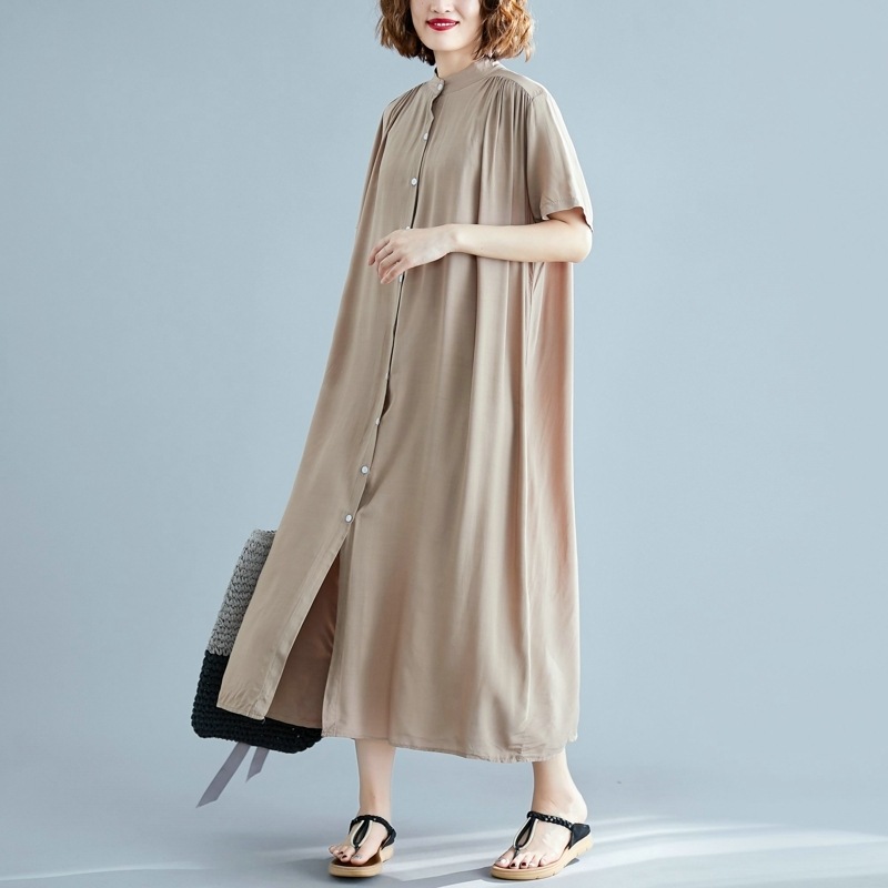 ワンピース シャツワンピース ミモレ丈 ロング 袖あり 半袖 スタンドカラー ストレート 前開き 2way 透け感 大人可愛い きれいめ シンプル カジュアル 大人 上品 おしゃれ 大人女子