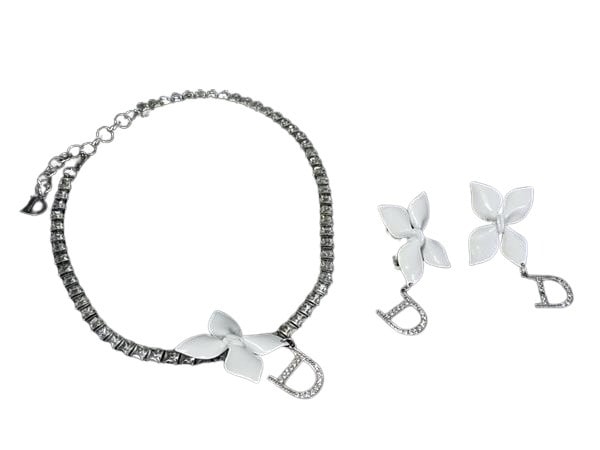 ディオール イヤリング チョーカー - メタル - フラワー 2点セット シルバー ホワイト【本物保証】