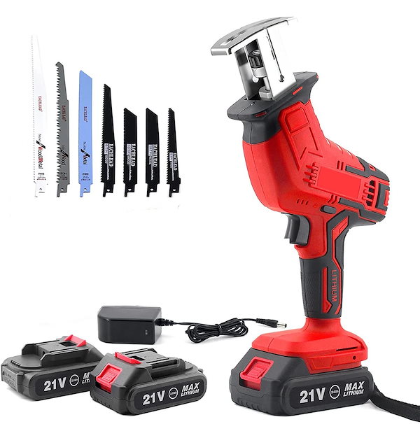 レシプロソー 電動のこぎり 21V充電式レシプロソー 無段変速 2個リチウムイオンバッテリ1.0Ah 替刃8本 ストローク 金属切断、木工切断、さま 充電式レシプロソー21Vバッテリー1個電動ノコギリ小型激安出品電動