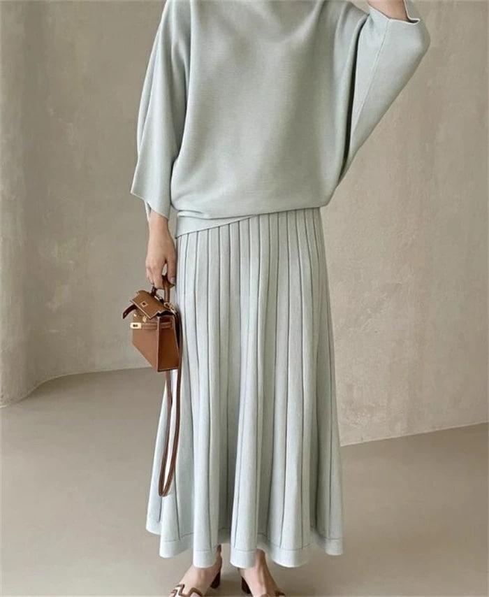 セットアップ レディース 秋冬 ニット 2点セット スカート ニットトップス ロング丈 フレアスカート ハイウエスト 無地 きれいめ カットソー 長袖 体型カバー 着痩せ フェミニン あったか おしゃ