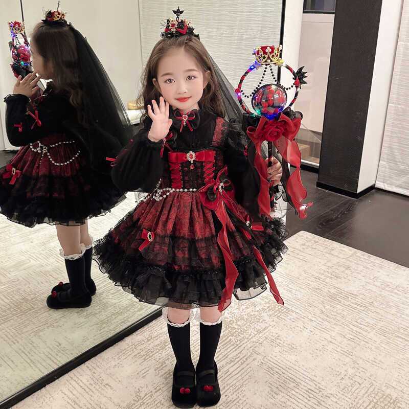 女の子用ハロウィンコスムダークゴシックヴァンパイア少女レッドケーキスカートロリータプリンセスドレストレンド