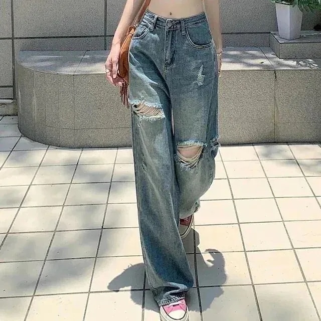 24パンツ デニム ジーンズ ワイド ストレート ハイウエスト 脚長効果 美脚効果 細見え ウォッシュ ダメージ カジュアル 韓国ファッション レディース お出かけ